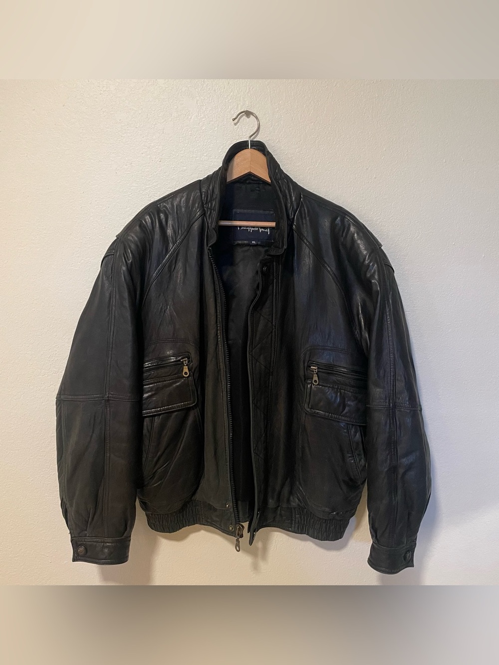 Vintage Philippe Monet Black Leather Bomber Jacket XL